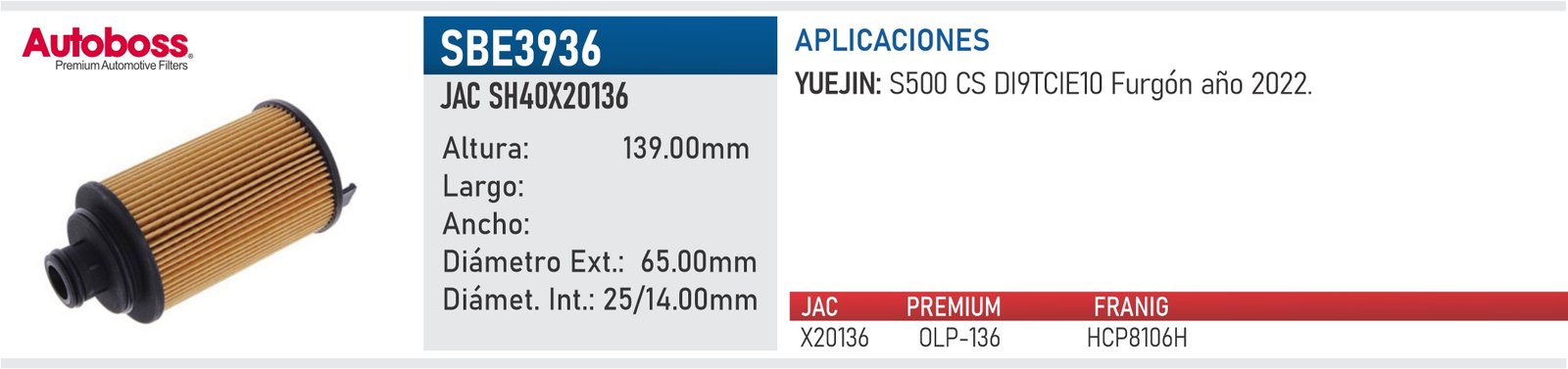 Filtro de aceite SBE3936